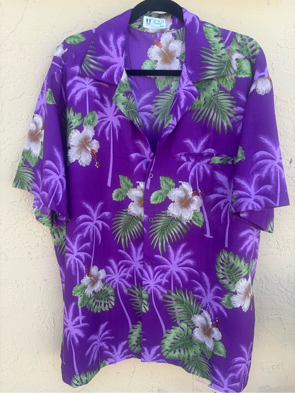 V.H.O Men's XXL Purple Hawaiian Shirt Tropical Hibiscus Floral Palm Trees Aloha